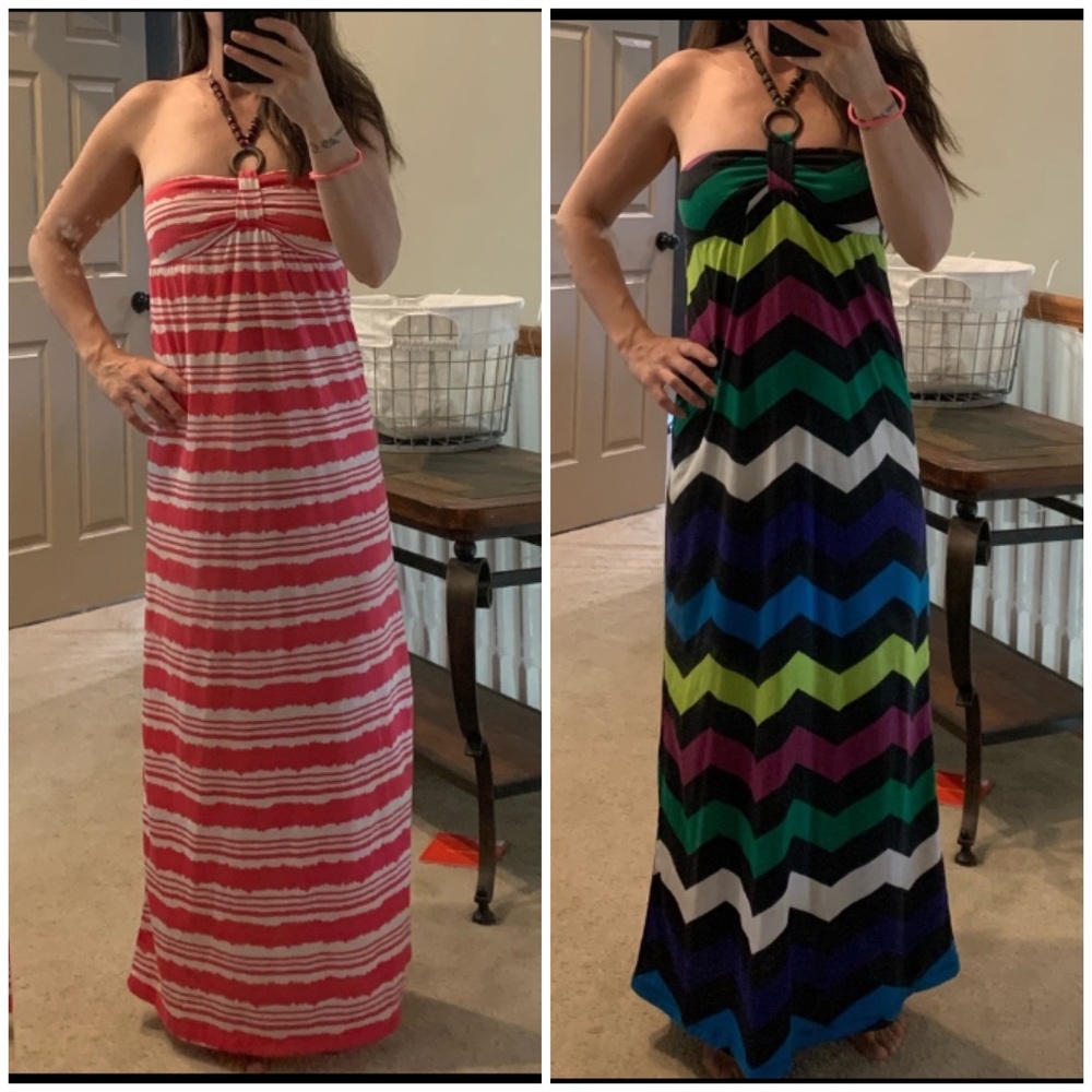 2 dresses. Long,  tie around the neck. I am 5’5” for reference